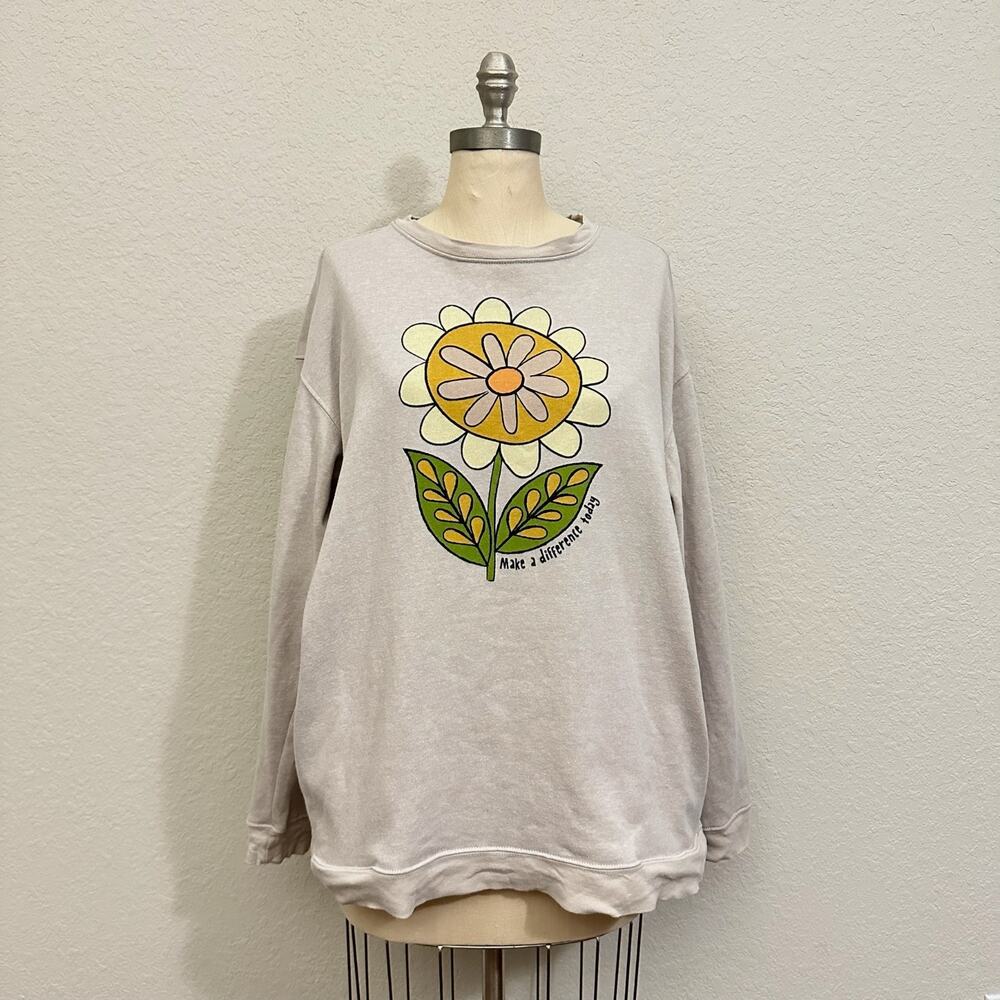 NATURAL LIFE Sweatshirt Gray Graphic Print Flower Pullover Crew Neck